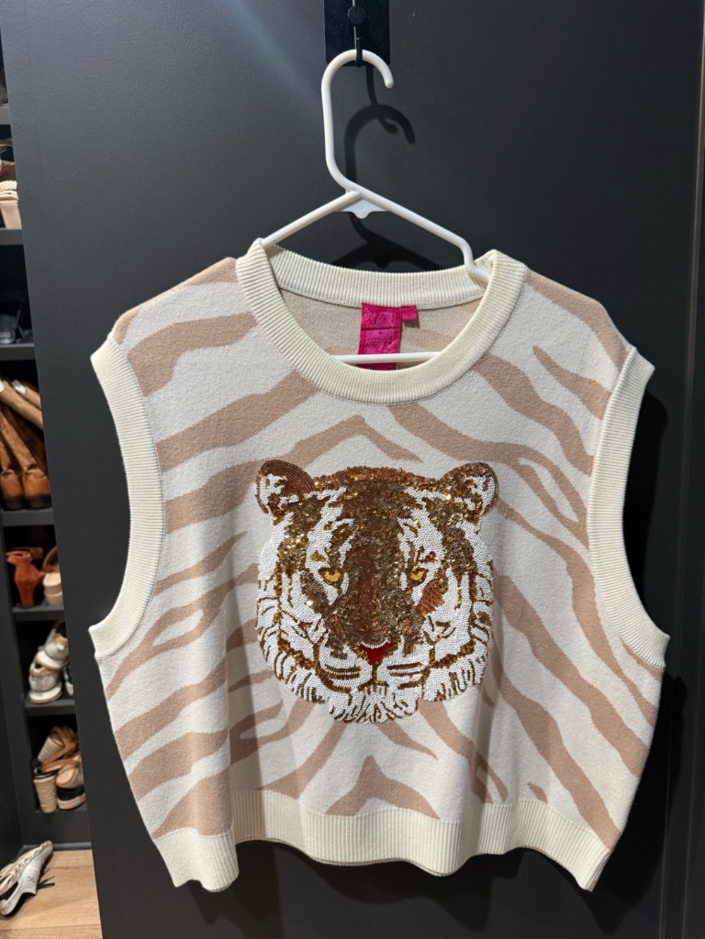 QUEEN OF SPARKLES Cream and Tan Tiger Sequin Knit Tank - Picture 7 of 9